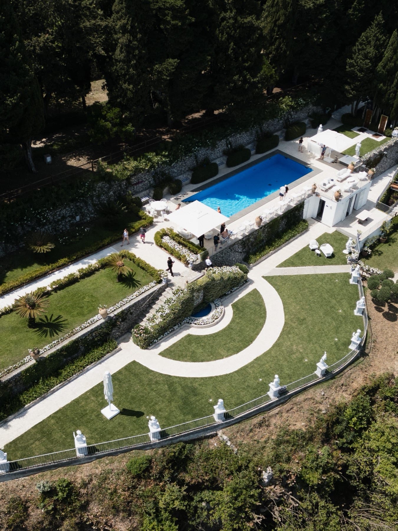 A villa with a pool, seen from above